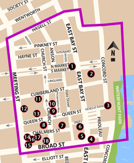 Fun things to do in Charleston : Map of the 'French Quarter' District in Charleston SC.