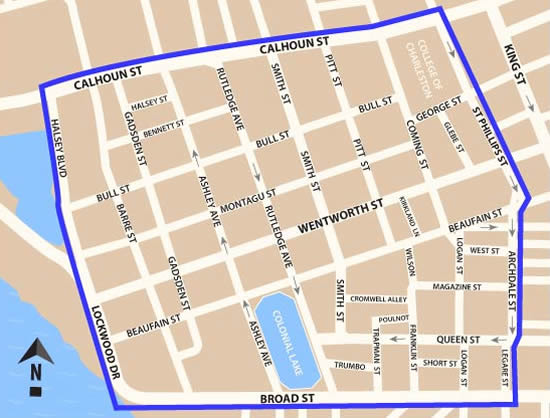 Fun things to do in Charleston : Map of Harleston Village District in Charleston SC.